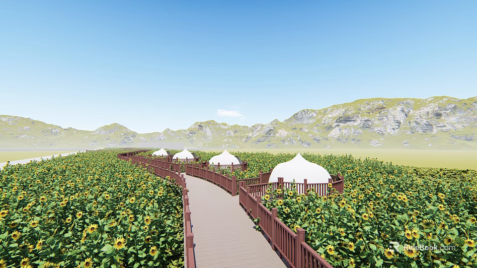 Scenic Wooden Boardwalk with Railings Through Sunflower Field Near Mountains and White Tents 3d model 
