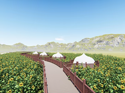 Scenic Wooden Boardwalk with Railings Through Sunflower Field Near Mountains and White Tents 3d model