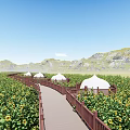 Scenic Wooden Boardwalk with Railings Through Sunflower Field Near Mountains and White Tents
