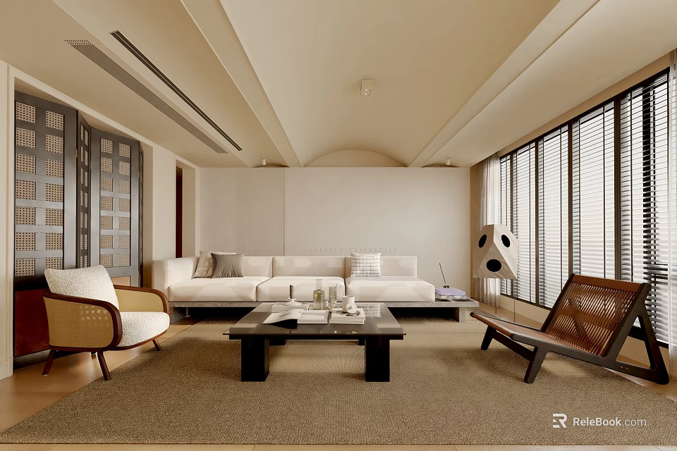 Modern Living Room With Beige Sofa Wooden Coffee Table Wicker Chair And Large Windows 3d model 