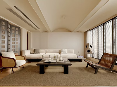Modern Living Room With Beige Sofa Wooden Coffee Table Wicker Chair And Large Windows 3d model