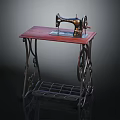 Vintage Industrial Sewing Machine with Red Tabletop Black Metal Stand and Metal Grid Shelf 3d model
