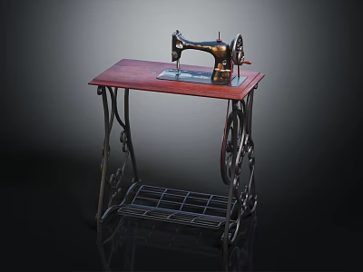 Vintage Industrial Sewing Machine with Red Tabletop Black Metal Stand and Metal Grid Shelf 3d model