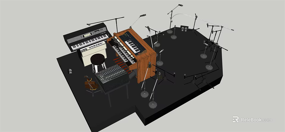 Detailed 3D Render of Musical Instruments and Art Supplies with Keyboards Organs Microphones and Stands 3d model 