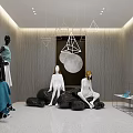 Modern Clothing Store Interior with Mannequins and Comfortable Seating Area
