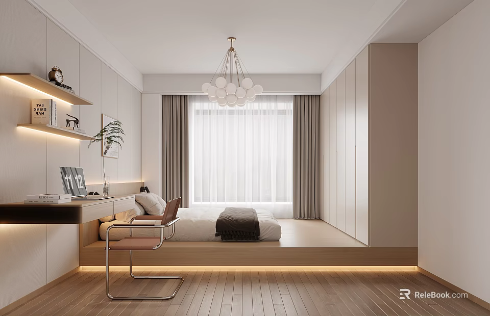 Modern Minimalist Tatami Bedroom Interior Design With Built in Wardrobes Wooden Flooring And Desk 3d model 