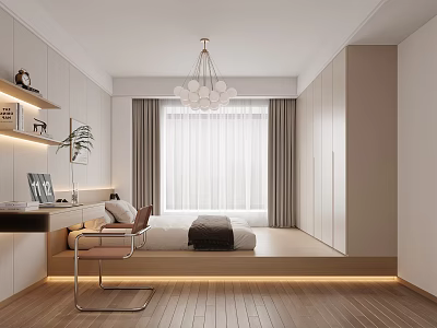 Modern Minimalist Tatami Bedroom Interior Design With Built in Wardrobes Wooden Flooring And Desk 3d model