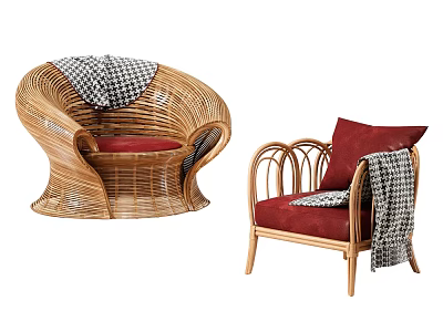 Cozy Rattan Leisure Chairs with Red Cushions and Black and White Checkered Throws 3d model