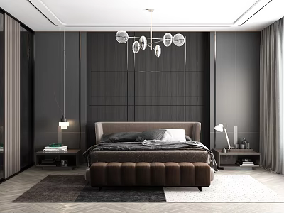 Modern Bedroom With Dark Paneled Walls Tufted Headboard Bed Brown Bench Circular Chandelier And Rug 3d model