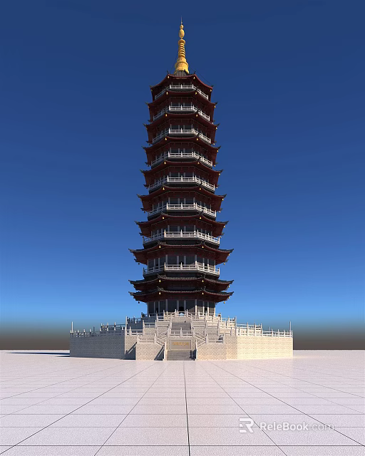 Traditional Ancient Pagoda With Multiple Tiered Floors And Overhanging Eaves Against Clear Blue Sky 3d model 