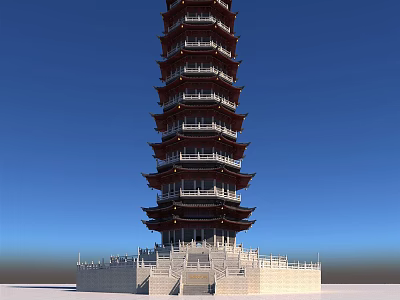 Traditional Ancient Pagoda With Multiple Tiered Floors And Overhanging Eaves Against Clear Blue Sky 3d model
