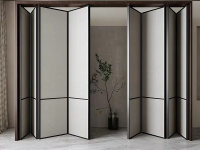 Modern Folding Door Interior Design With Black Frame Light Panels And Potted Plant 3d model