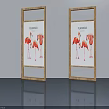 Elegant Hinged Doors With Golden Frame Flamingo Print Gray Wall And Reflective Floor