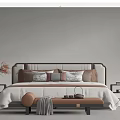 Elegant Modern Double Bed with Decorative Pillows Bedside Tables and Bench 3d model
