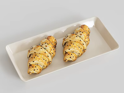 Two Fresh Baked Croissants With Sesame Seeds On White Rectangular Tray 3d model