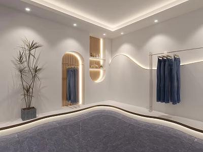 Modern Clothing Store Interior With Hanging Blue Jeans Arched Mirror LED Lights And Potted Plant 3d model