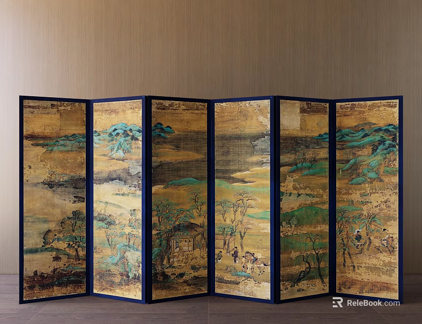 Traditional Chinese Five Panel Folding Screen Featuring Golden Background Blue Frame And Landscape Trees Figures 3d model