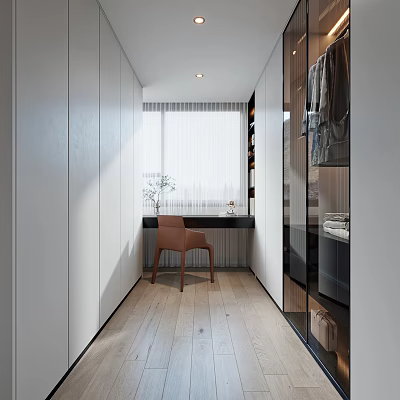 Modern Closet Interior With White Cabinets Glass Wardrobe And Workspace 3d model