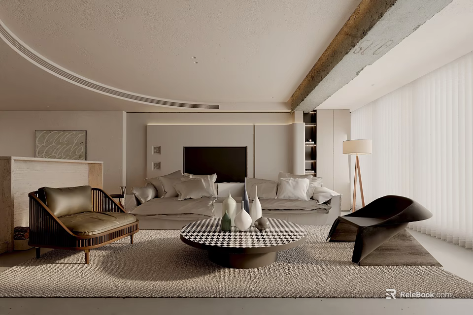Modern Minimalist Living Room Interior With Sofa Coffee Table Accent Chairs And TV Wall Decor 3d model 