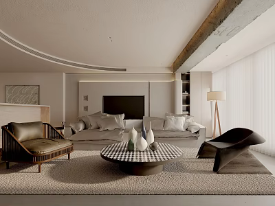 Modern Minimalist Living Room Interior With Sofa Coffee Table Accent Chairs And TV Wall Decor 3d model