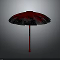 Outdoor Patio Furniture Umbrella With Red And Black Patterned Canopy And Red Handle