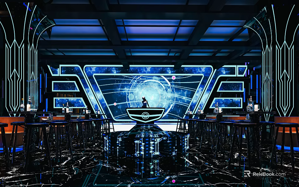 Modern Hi Tech Bar Interior With Blue Lighting Large Screen And Bar Counter 3d model 