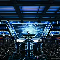 Modern Hi Tech Bar Interior With Blue Lighting Large Screen And Bar Counter