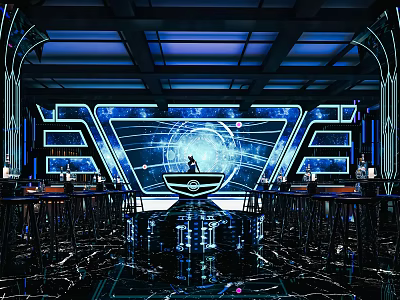Modern Hi Tech Bar Interior With Blue Lighting Large Screen And Bar Counter 3d model