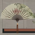 Decorative Fan Wall Hanging With Floral Motifs Calligraphy Wooden Ribs Tassels And Green Branches