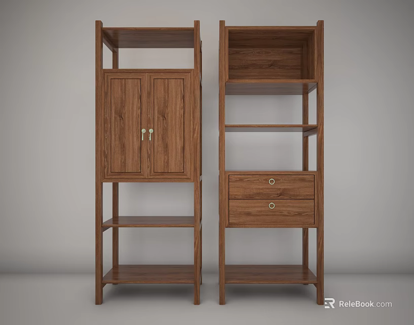 Wooden Storage Shelving Units With Cabinet Drawer And Multiple Tiers Design 3d model 