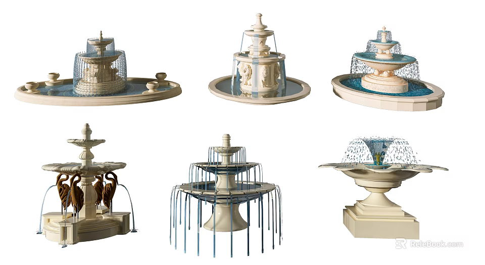 Various Decorative Garden Ornaments Featuring Multi Tiered Fountains with Intricate Carvings and Ornate Bases 3d model 