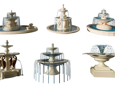 Various Decorative Garden Ornaments Featuring Multi Tiered Fountains with Intricate Carvings and Ornate Bases 3d model