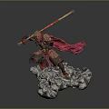 Monkey King Statue With Golden Staff Red Cape Armor And Cloud Base 3d model