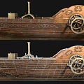 Vintage Wooden Boat Model With Intricate Carvings And Mechanical Components