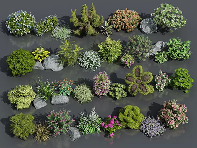 Various Assorted Flowers and Plants with Stones in Greenery Collection 3d model