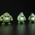 Three Green Game Movie Characters With Different Expressions Standing In Black Background