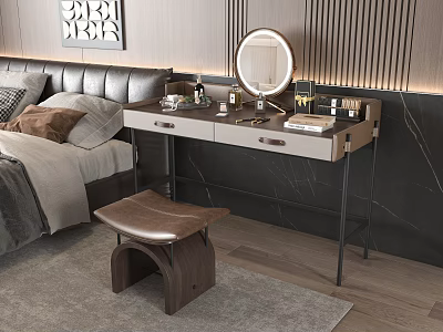 Elegant Modern Dressing Table With Round Mirror Drawers Cosmetics And Wooden Stool 3d model