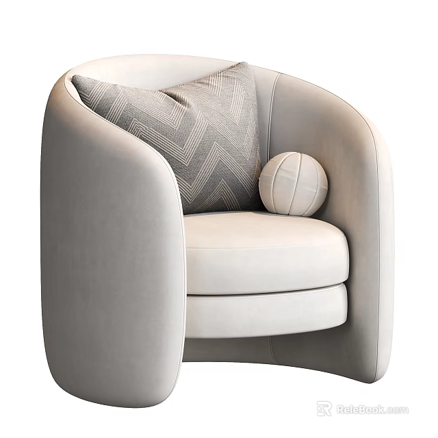 Light Beige Velvet Single Sofa With Chevron Pattern Throw Pillow And Round Decorative Ball 3d model 
