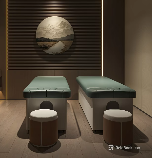 Two Green Massage Beds With Small Stools And Circular Wall Art In Modern Spa Room 3d model 