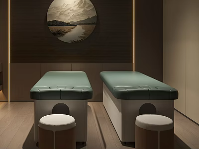 Two Green Massage Beds With Small Stools And Circular Wall Art In Modern Spa Room 3d model