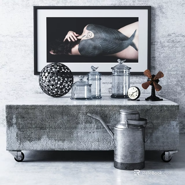 Modern Gray Console Table With Glass Jars Decorative Sphere Clock Windmill And Watering Can 3d model 
