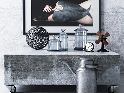 Modern Gray Console Table With Glass Jars Decorative Sphere Clock Windmill And Watering Can 3d model