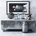 Modern Gray Console Table With Glass Jars Decorative Sphere Clock Windmill And Watering Can