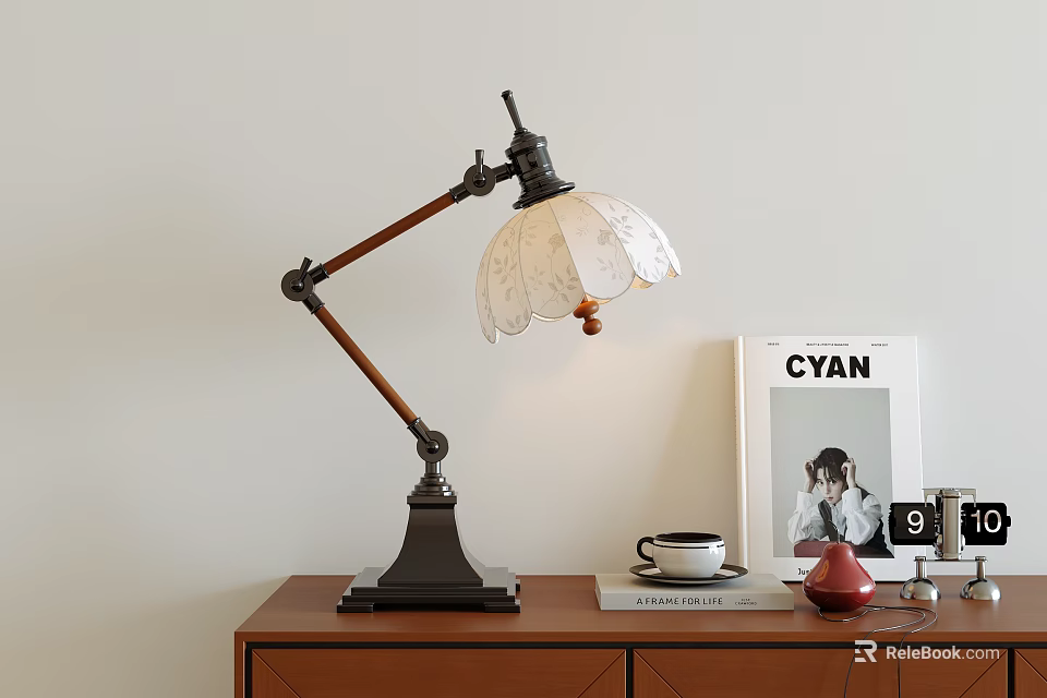 Vintage Table Lamp Wooden Arm Black Base White Decorative Shade Placed With Magazine And Cup 3d model 
