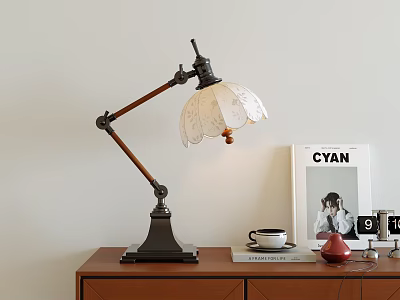 Vintage Table Lamp Wooden Arm Black Base White Decorative Shade Placed With Magazine And Cup 3d model
