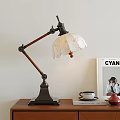 Vintage Table Lamp Wooden Arm Black Base White Decorative Shade Placed With Magazine And Cup