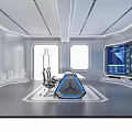 Futuristic Control Room Interior With Digital Screens Triangular Console Ergonomic Chairs And City Skyline Decor