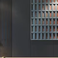 Modern Bedroom Background Wall With Dark Panelled Vertical Strips Artwork LED Lighting And Side Tables