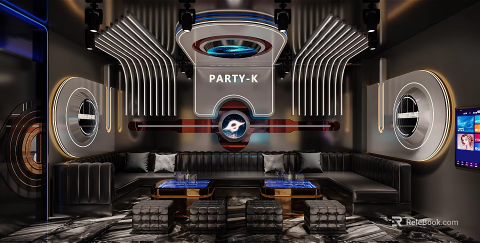 Modern KTV Interior Design Featuring PARTY-K Neon Lights Sofa Tables And Lighting Effects 3d model 