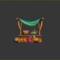 Wooden Market Stall With Blue Canopy Clay Pots Green Jug And Sandy Ground